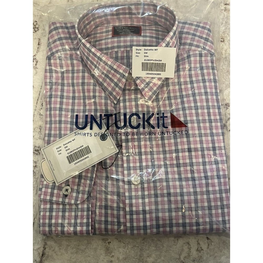 NWT UNTUCKit LS Button Up Shirt | Blue Pink Plaid | Dolcetto WF | Men’s S • Slim